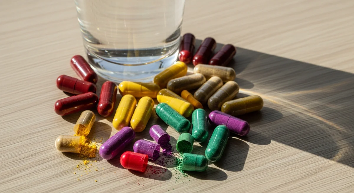 Colorful antioxidant supplement capsules arranged next to a glass of water on a wooden surface.