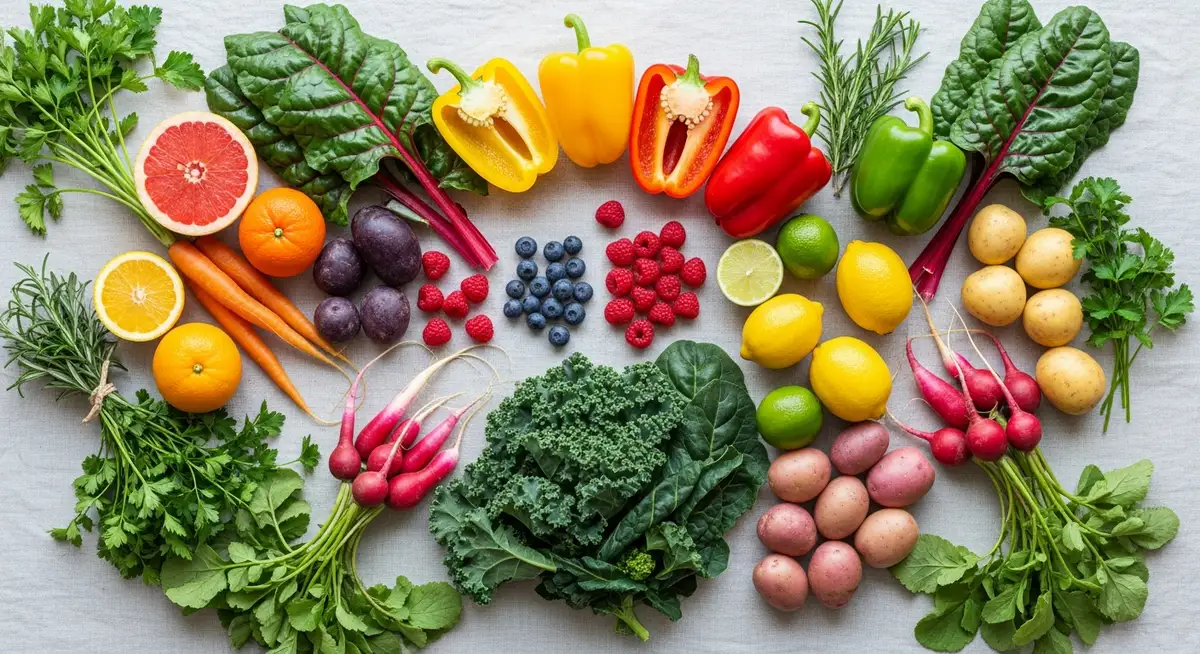 A vibrant and bountiful display of fresh, whole fruits and vegetables on a table.