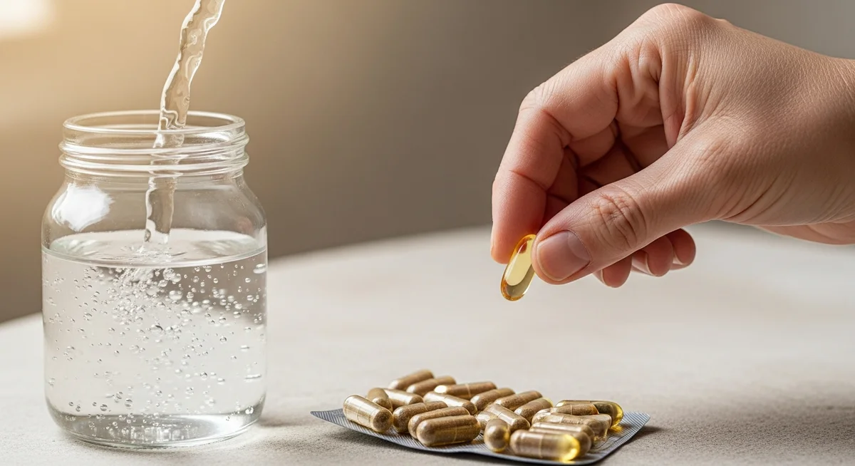 Supplement capsules and a glass of water on a wooden surface, symbolizing the impact of health imbalances.