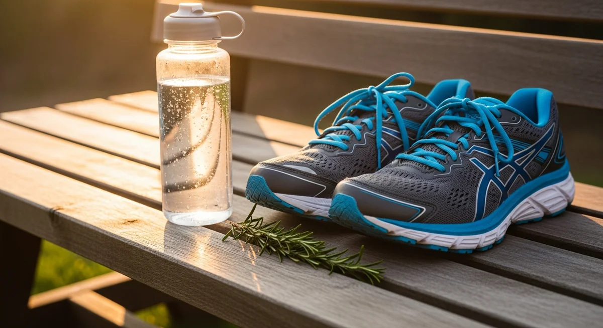 Running shoes, a water bottle, and fresh herbs, representing healthy habits and routine.