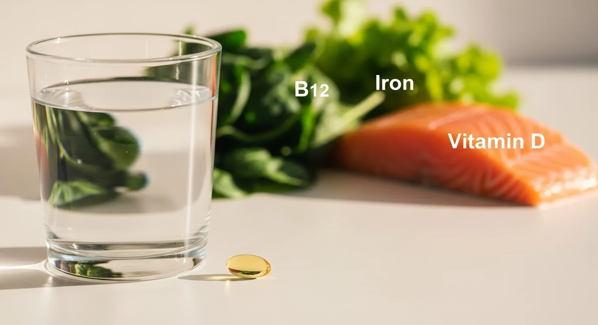 A single supplement capsule and a glass of water, with healthy whole foods like salmon and spinach blurred in the background, representing informed choices about nutrient intake.