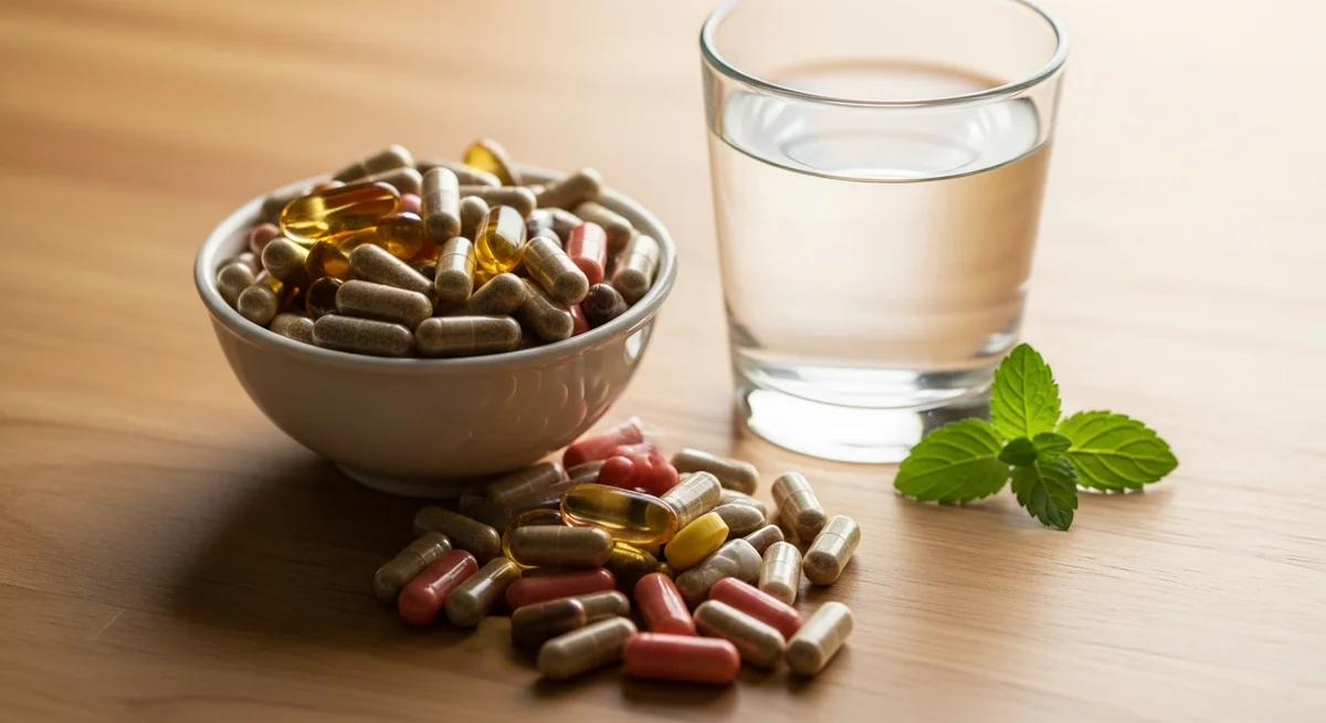 An overflowing bowl of colorful supplement capsules next to a glass of water and a sprig of fresh mint, subtly illustrating the importance of mindful consumption.