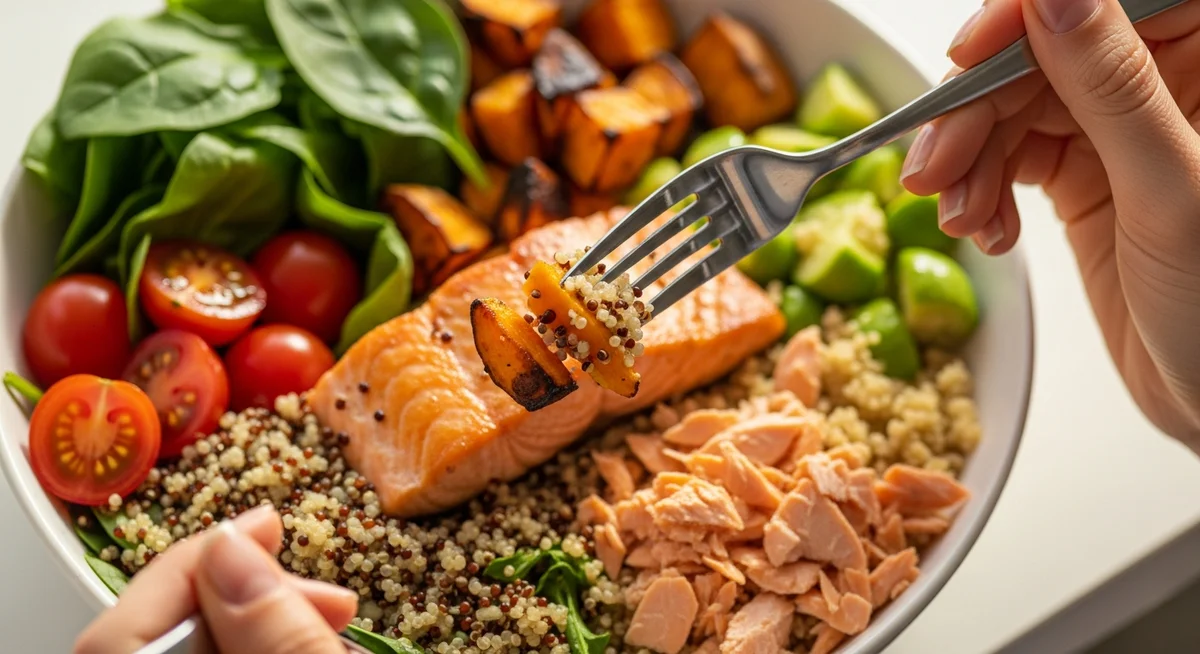 Hands pausing with a fork above a colorful healthy meal bowl.