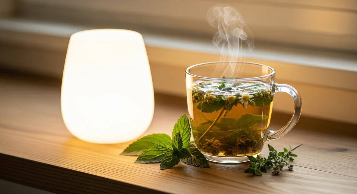 A steaming mug of herbal tea with fresh herbs on a wooden surface in soft light.