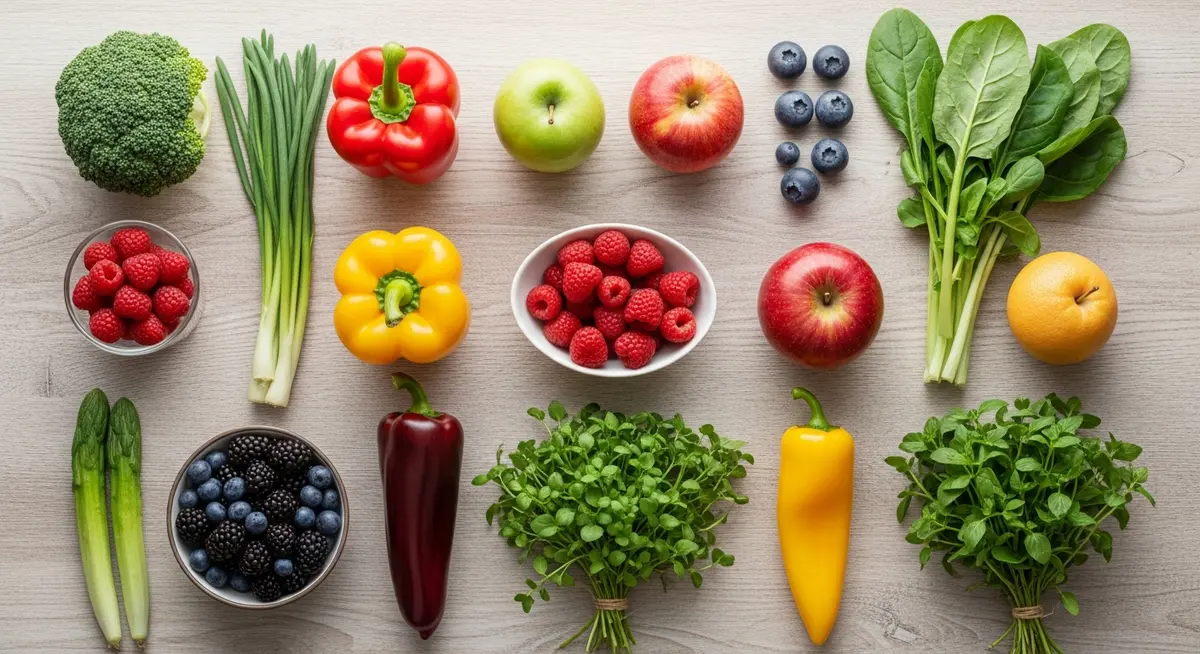An organized display of various fresh whole vegetables, fruits, and herbs on a wooden surface.
