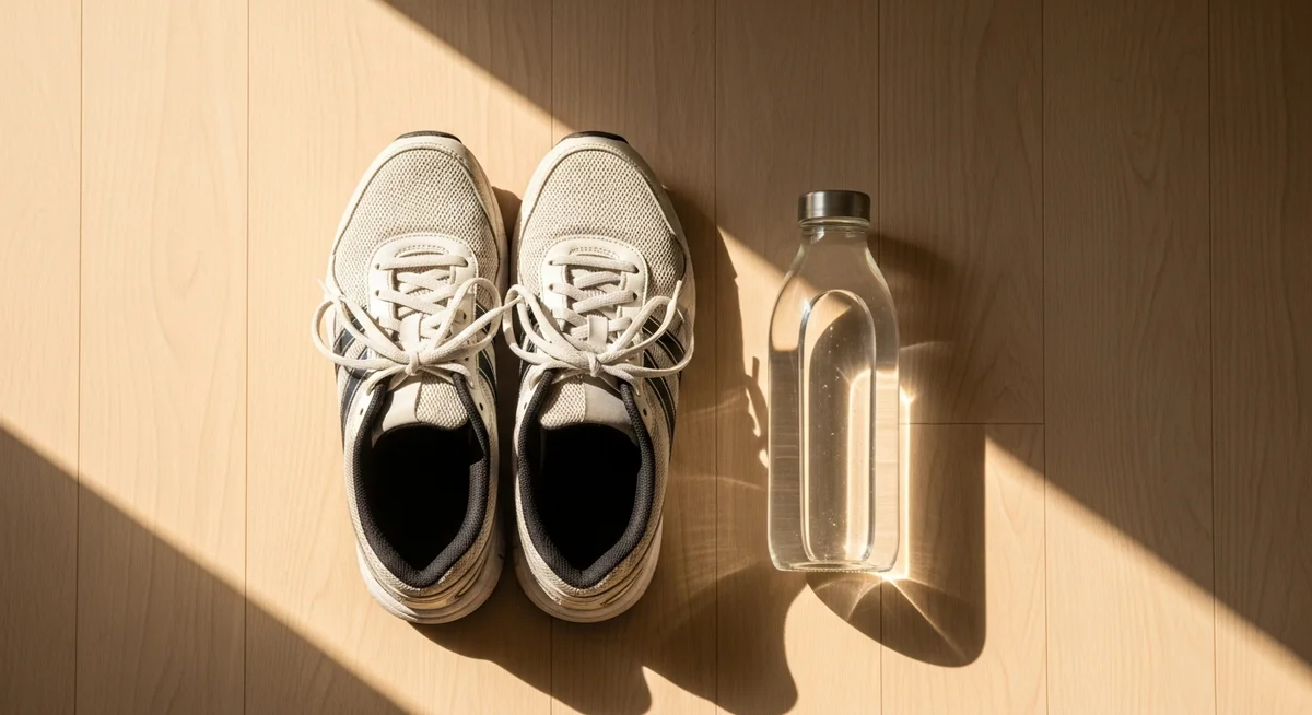 Running shoes and a water bottle on a wooden floor, lit by warm daylight, symbolizing consistent natural training.
