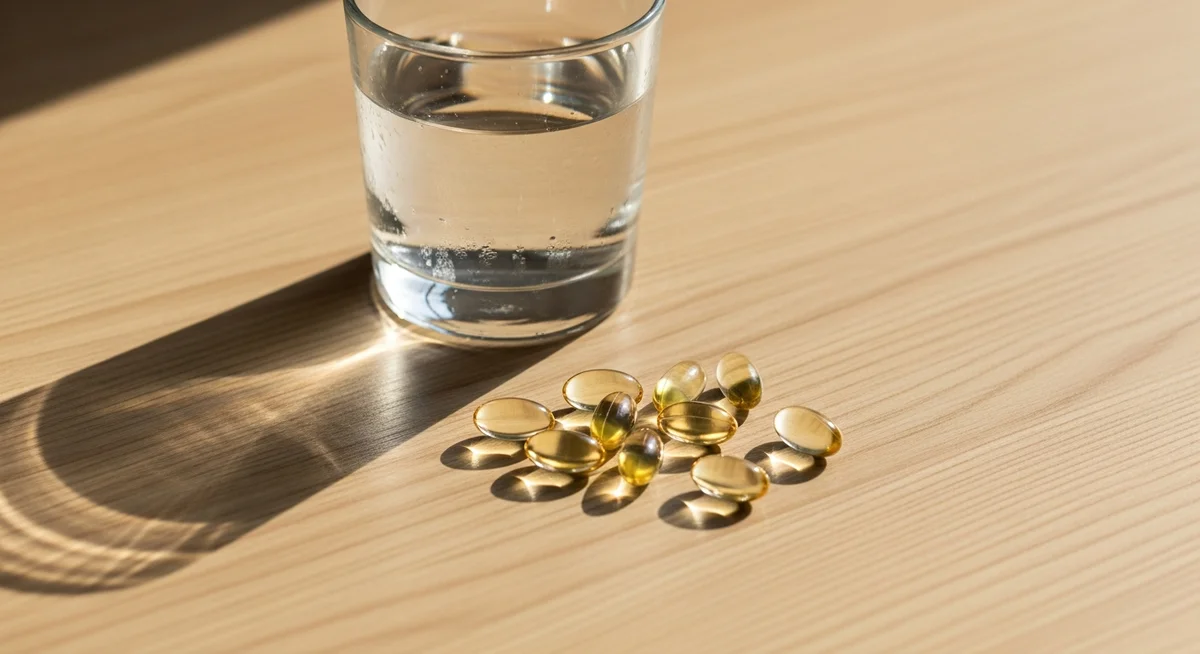Supplement capsules and a glass of water on a wooden surface, suggesting informed choices for natural bodybuilding.