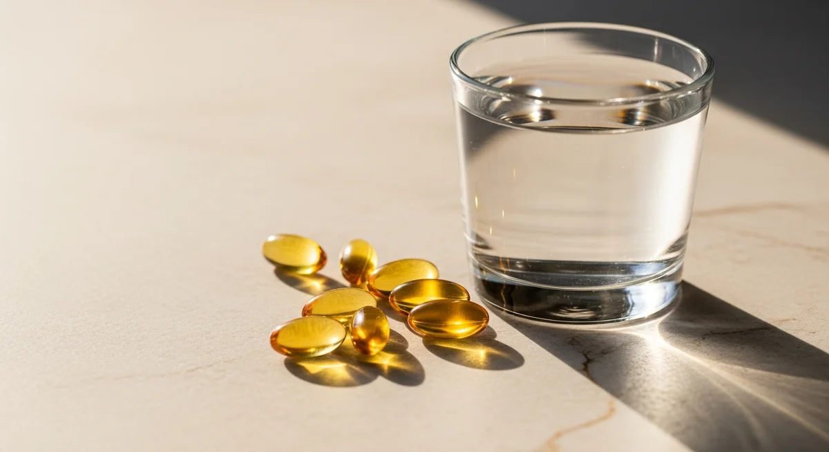 Several amber supplement capsules are neatly arranged next to a clear glass of water on a light surface, illuminated by warm daylight.