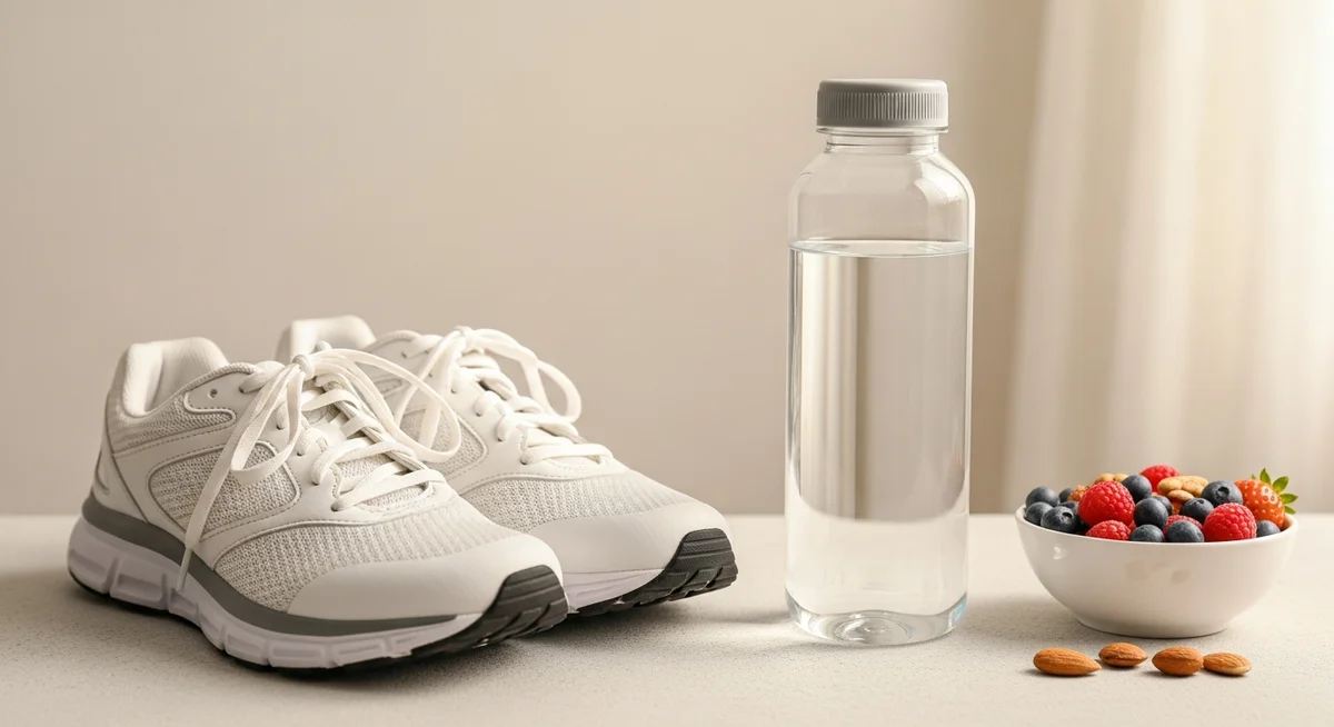 A pair of running shoes and a water bottle placed next to a bowl of fresh berries and nuts on a light surface.