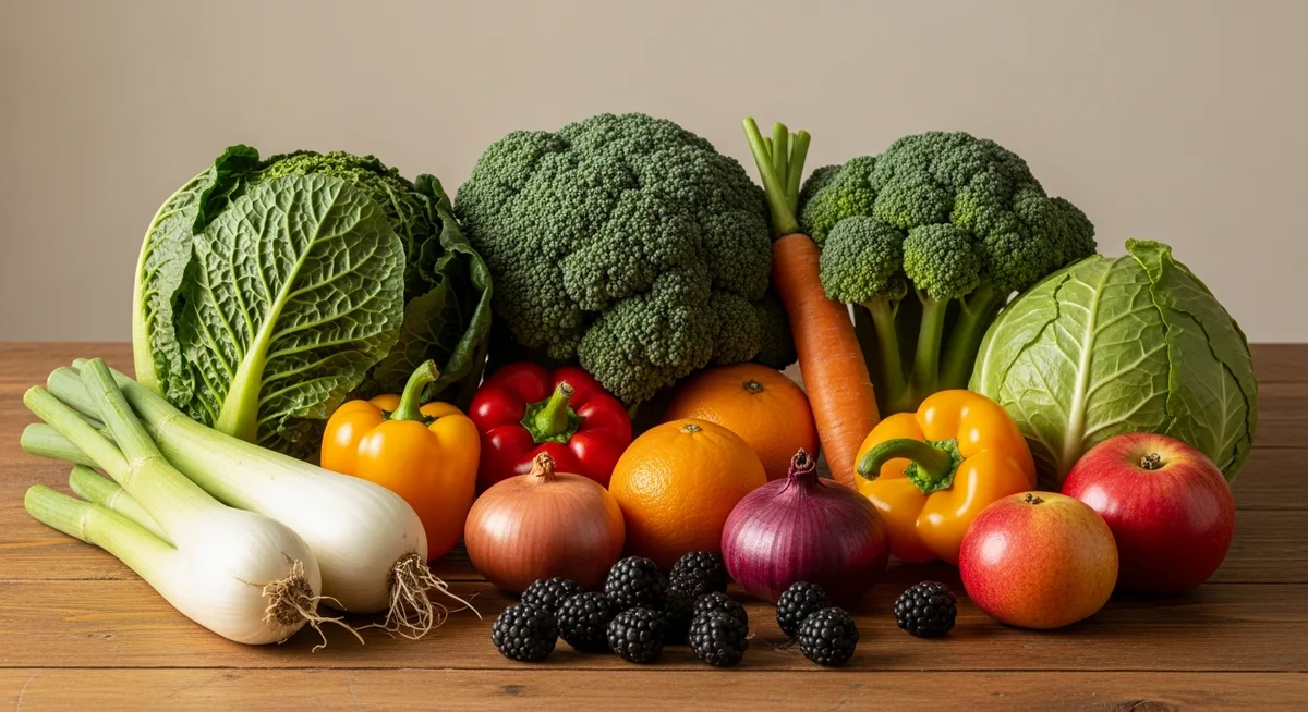 A close-up of fresh, colorful vegetables and fruit on a wooden table, with some items showing subtle signs of wilting.