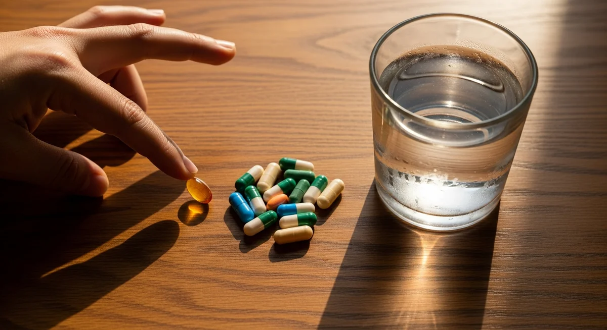 Close-up of supplement capsules scattered next to a glass of water on a wooden surface, with a hand reaching for them.