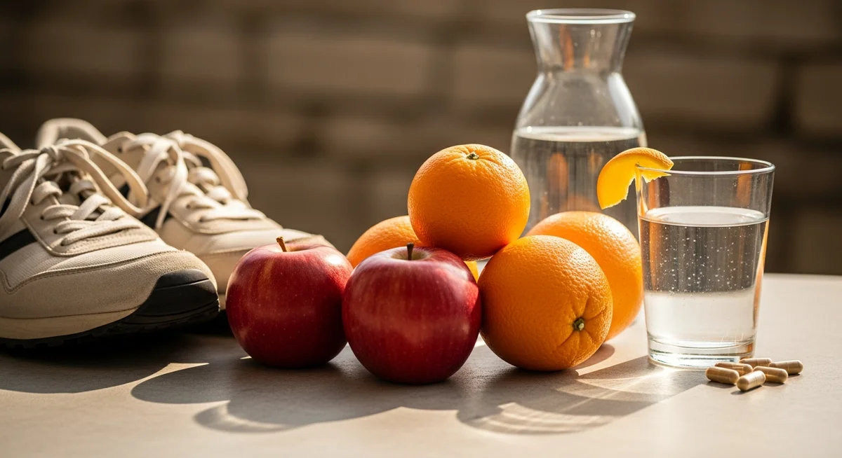 Running shoes, fresh whole fruits, a glass of water, and supplement capsules arranged on a surface in warm daylight.