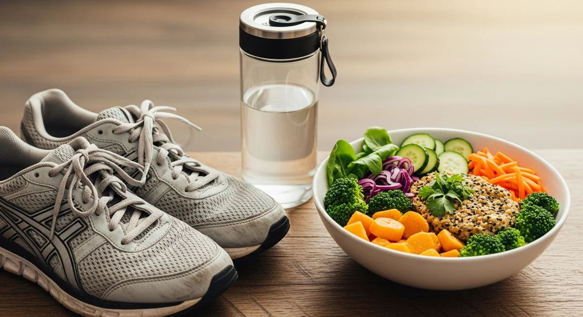 A pair of running shoes and a water bottle next to a colorful, healthy meal bowl on a wooden surface, bathed in warm daylight.