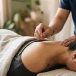 Close-up of an acupuncture practitioner's hand gently placing fine needles into a patient's shoulder, bathed in warm