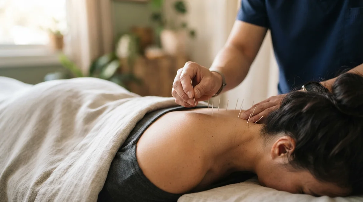 Close-up of an acupuncture practitioner's hand gently placing fine needles into a patient's shoulder, bathed in warm