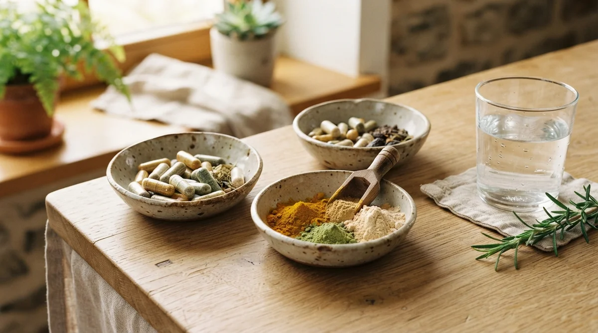Natural full-color, warm daylight shot of diverse, unlabelled supplement capsules and natural powders