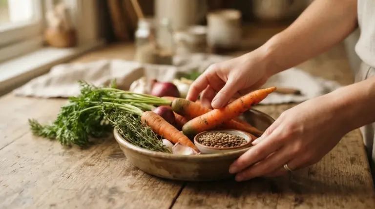 A person holds a carrot over a rustic bowl containing carrots, lentils, thyme, and red onions on a table