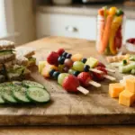 A vibrant array of fresh, healthy lunch ingredients for kids, artfully arranged on a clean wooden cutting board: colorful