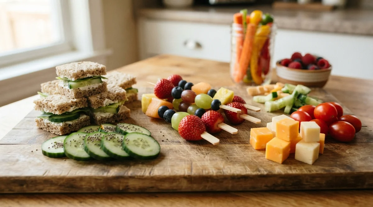 A vibrant array of fresh, healthy lunch ingredients for kids, artfully arranged on a clean wooden cutting board: colorful