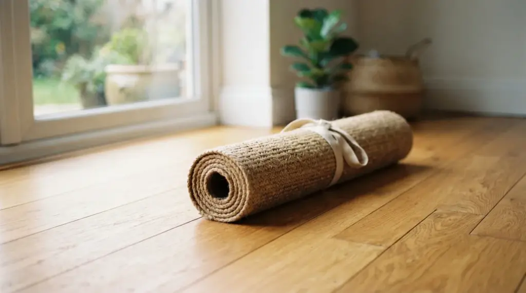 A rolled-up jute yoga mat with a fabric tie rests on a wooden floor near a window and plants