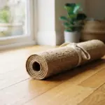 A rolled-up jute yoga mat with a fabric tie rests on a wooden floor near a window and plants