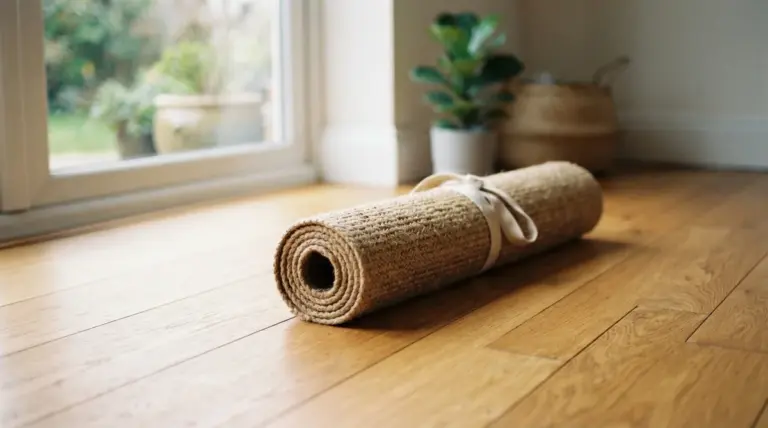 A rolled-up jute yoga mat with a fabric tie rests on a wooden floor near a window and plants