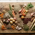 A close-up of a curated collection of diverse, earthy-toned whole foods like various grains, legumes, and root vegetables