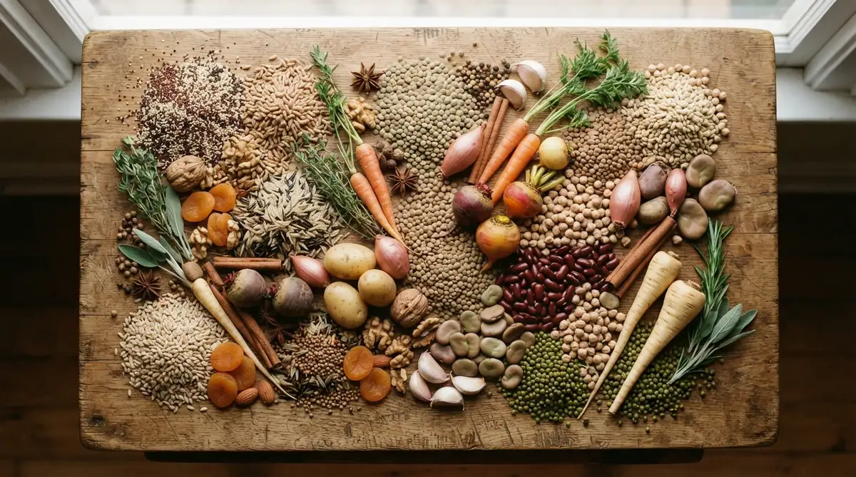 A close-up of a curated collection of diverse, earthy-toned whole foods like various grains, legumes, and root vegetables